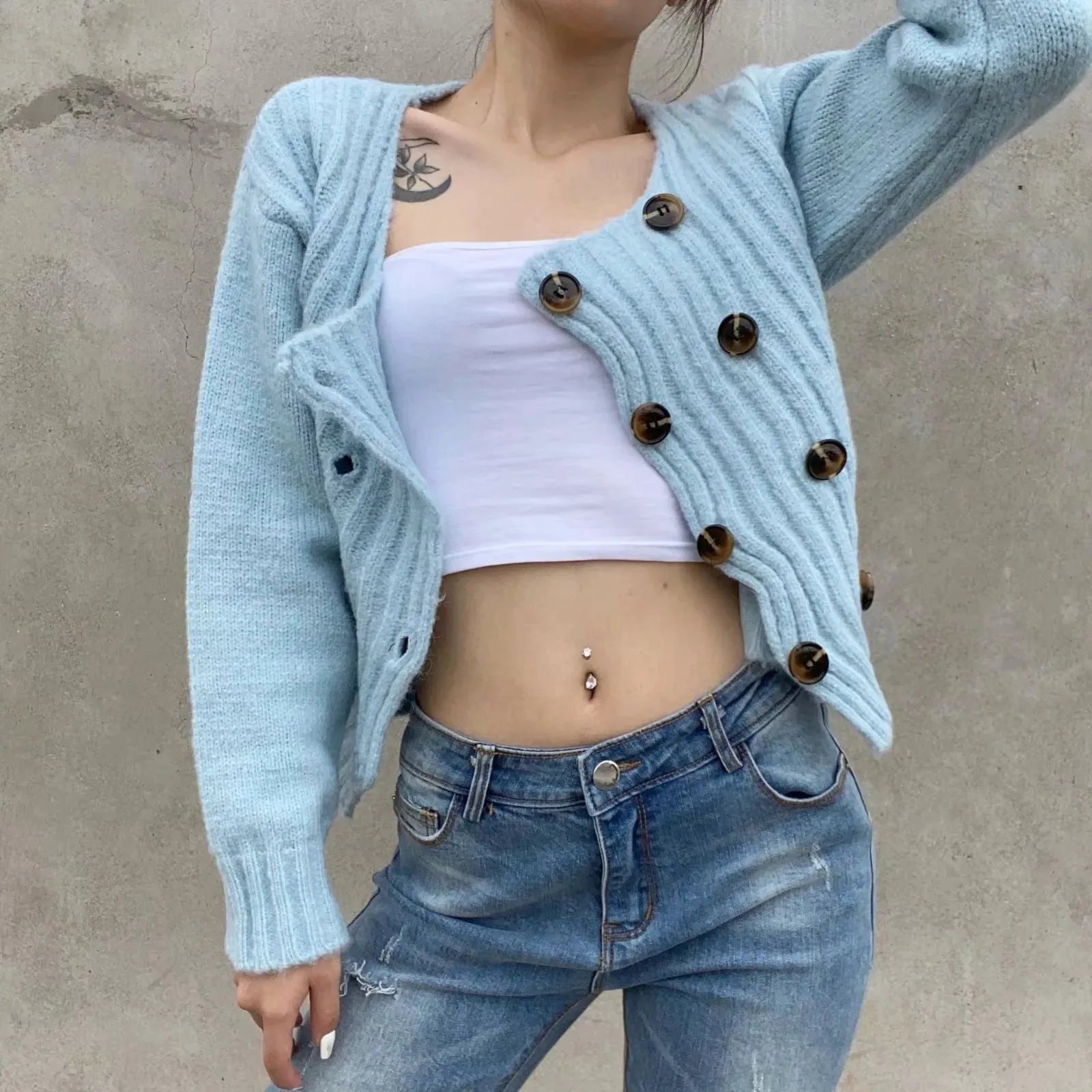Knit Double-breasted Striped Crop Top Cardigans