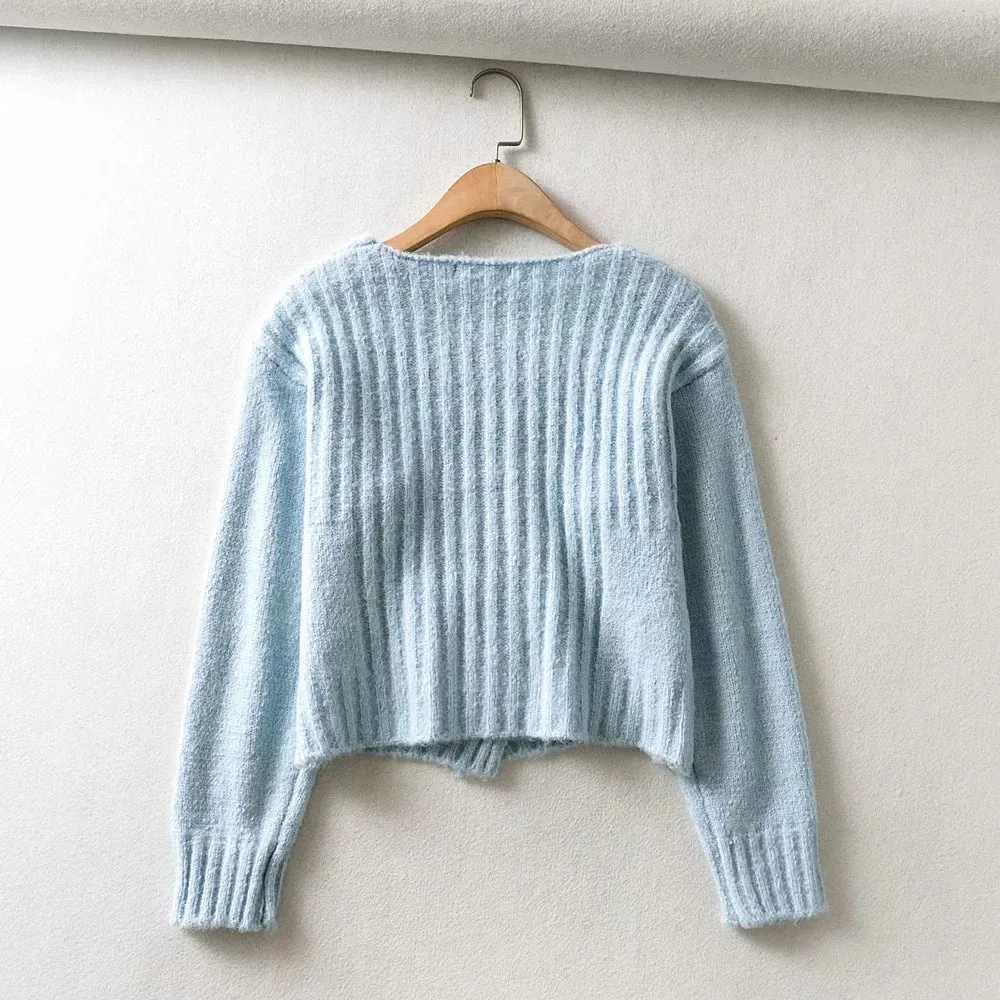 Knit Double-breasted Striped Crop Top Cardigans