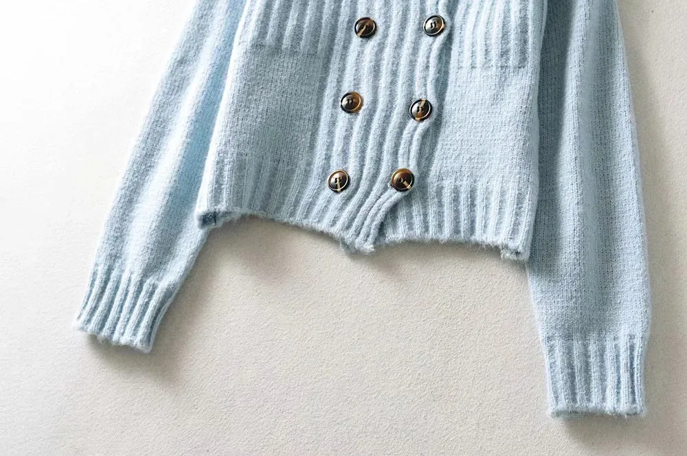 Knit Double-breasted Striped Crop Top Cardigans