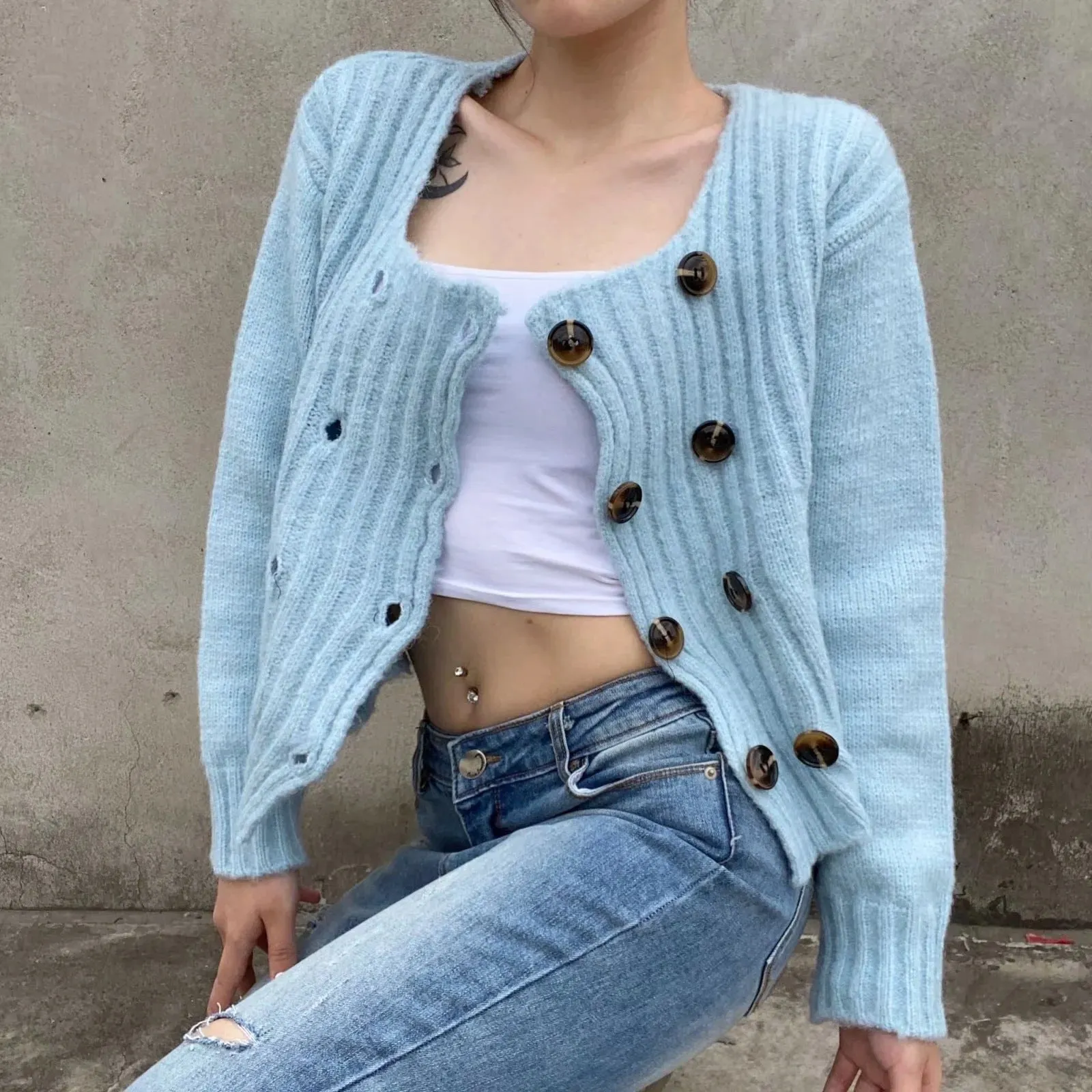 Knit Double-breasted Striped Crop Top Cardigans