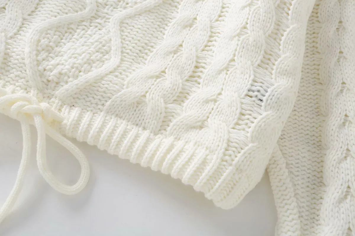Knit Round Neck Lace-up Vintage Sweaters Crop Tops