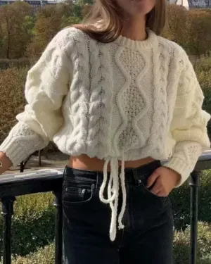 Knit Round Neck Lace-up Vintage Sweaters Crop Tops