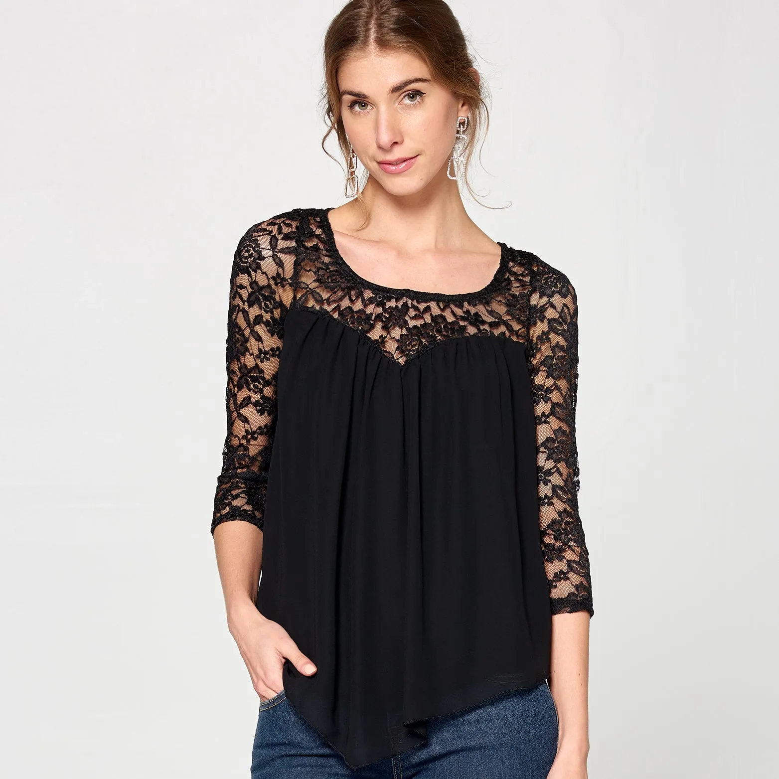 Lace Yoke Chiffon Top