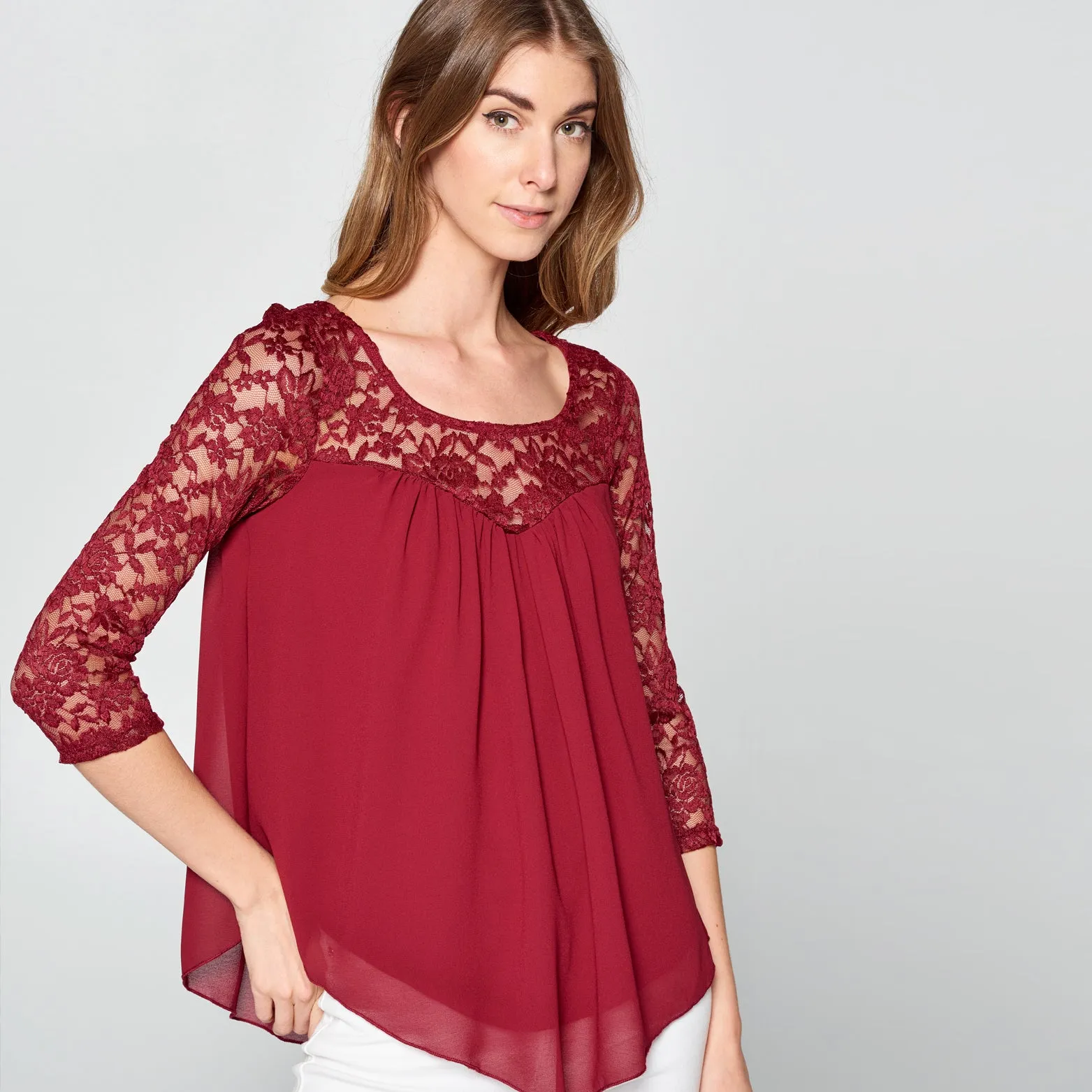 Lace Yoke Chiffon Top