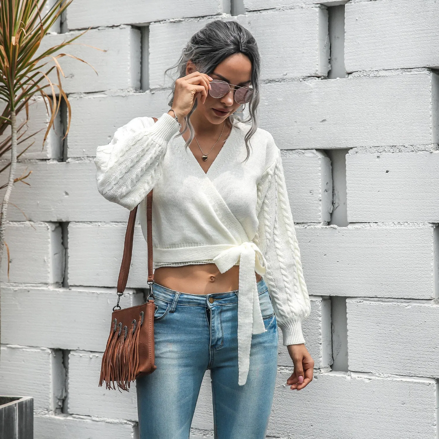 Lantern Sleeve Bow Tie Knitting Sweaters