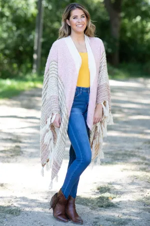 Light Pink and Cream Fringe Trim Cardigan