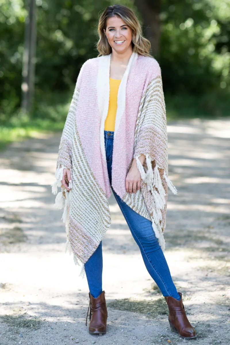 Light Pink and Cream Fringe Trim Cardigan