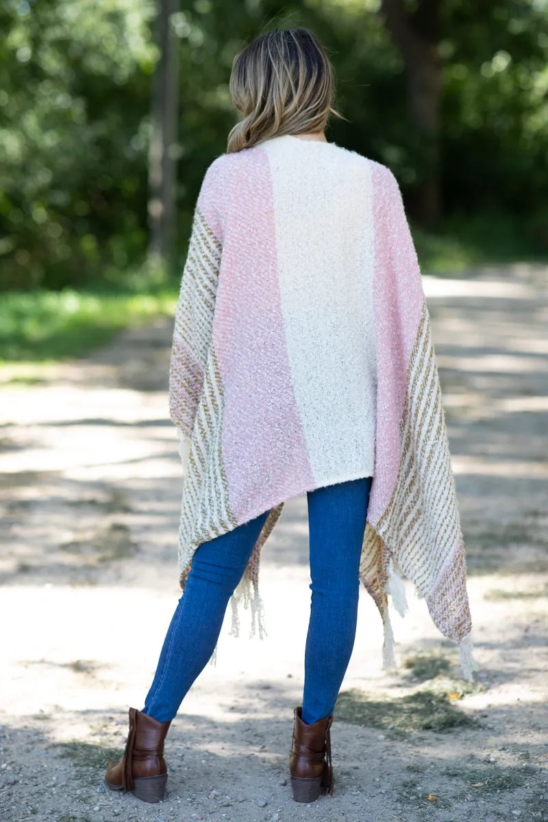 Light Pink and Cream Fringe Trim Cardigan