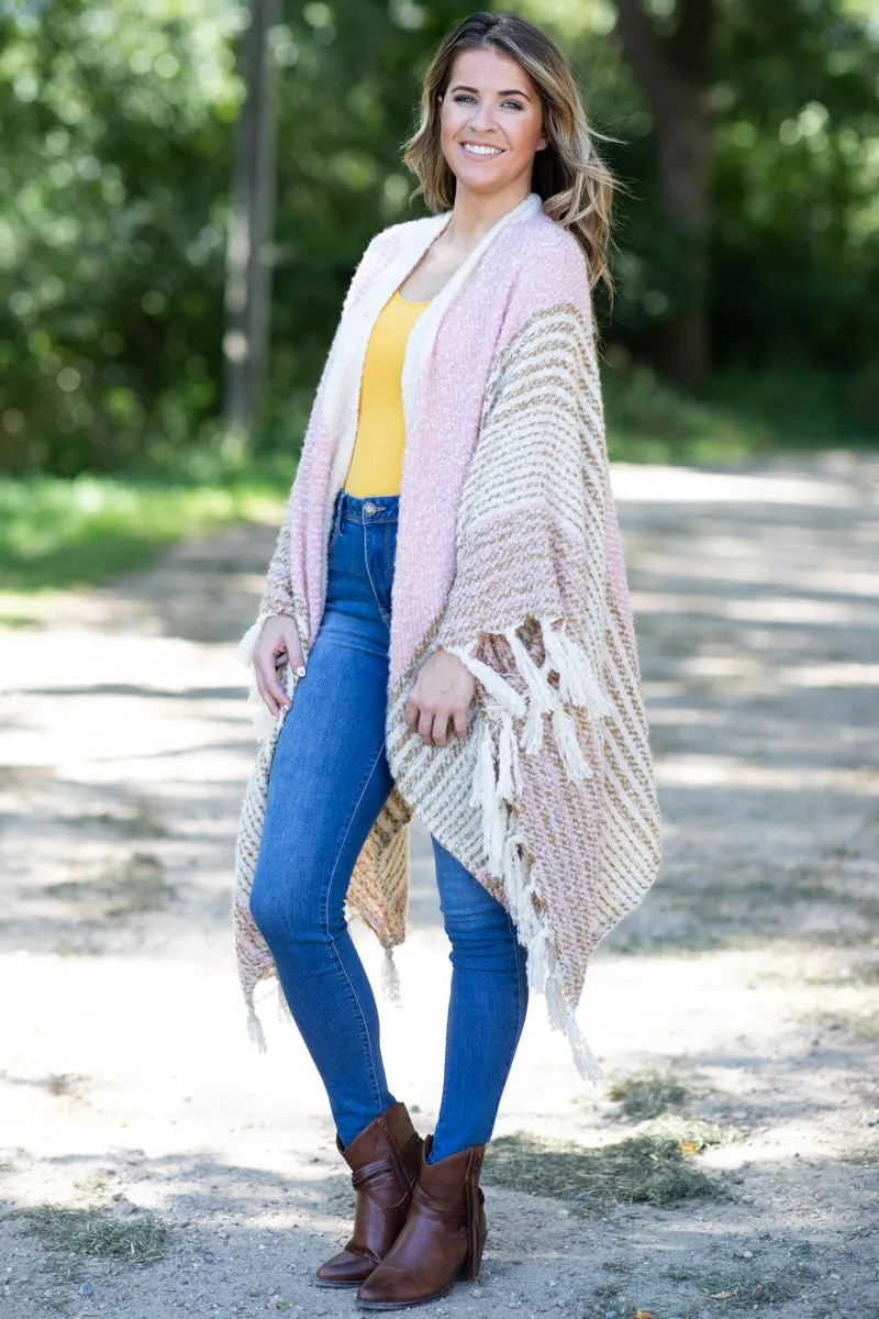 Light Pink and Cream Fringe Trim Cardigan