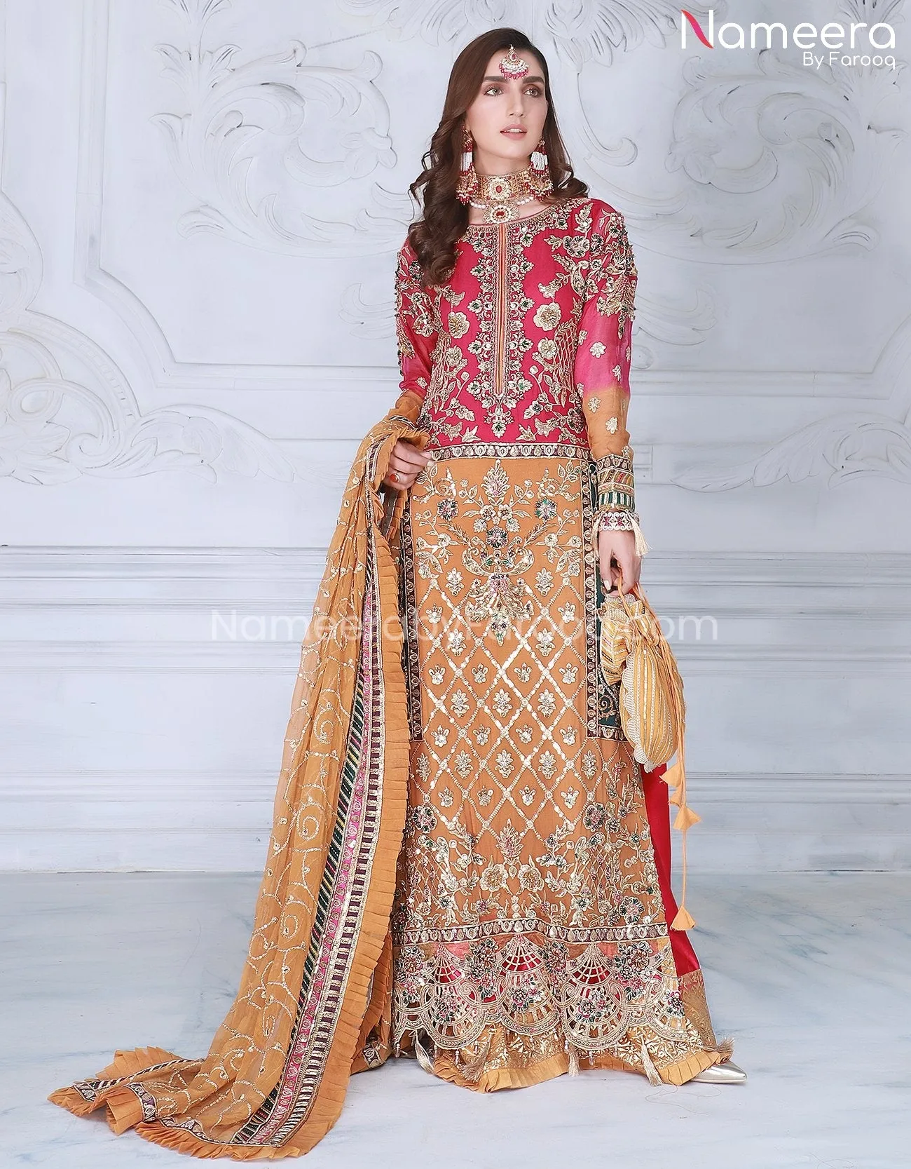 Long Embroidered Kameez with Sharara in Chiffon #PS211