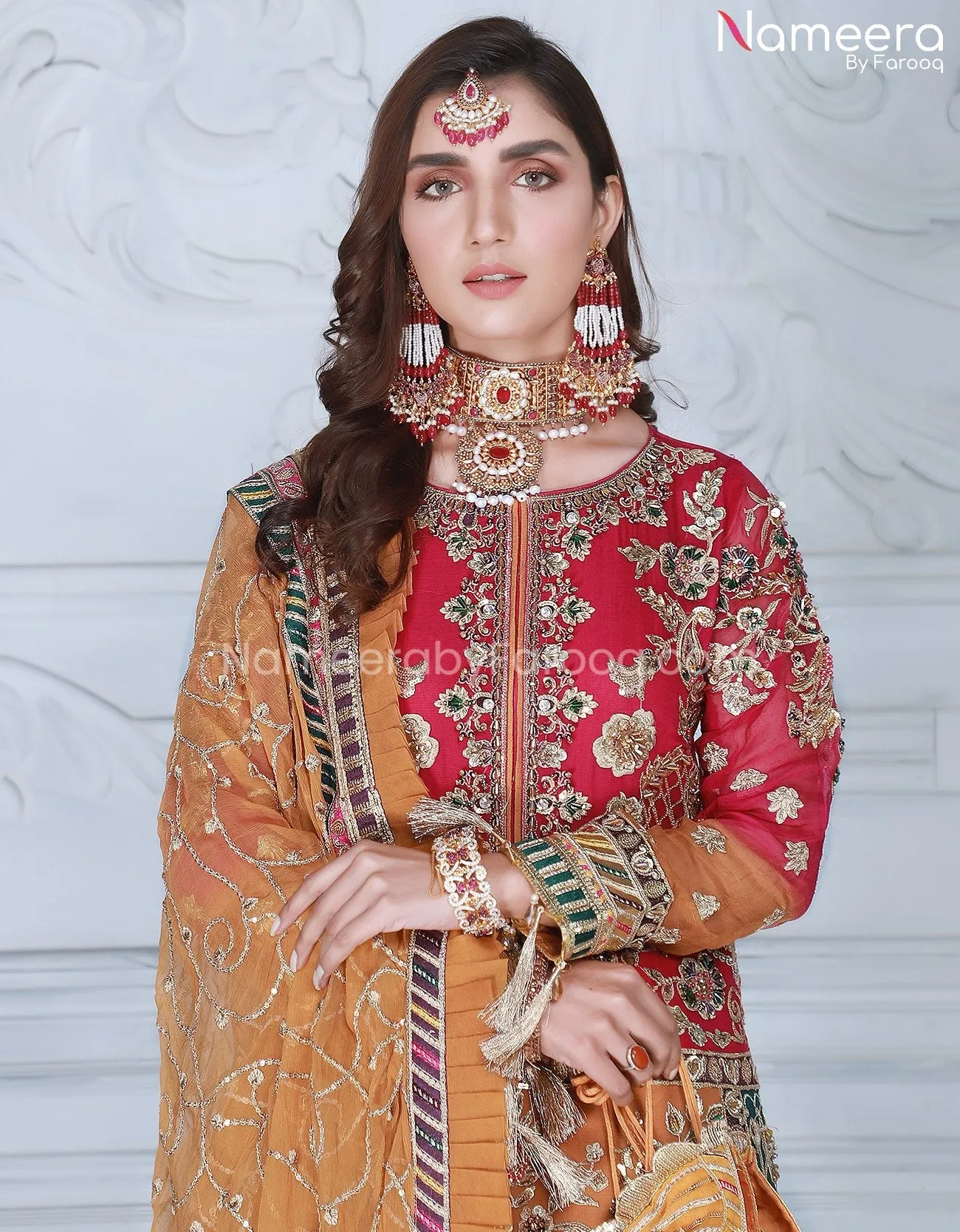 Long Embroidered Kameez with Sharara in Chiffon #PS211