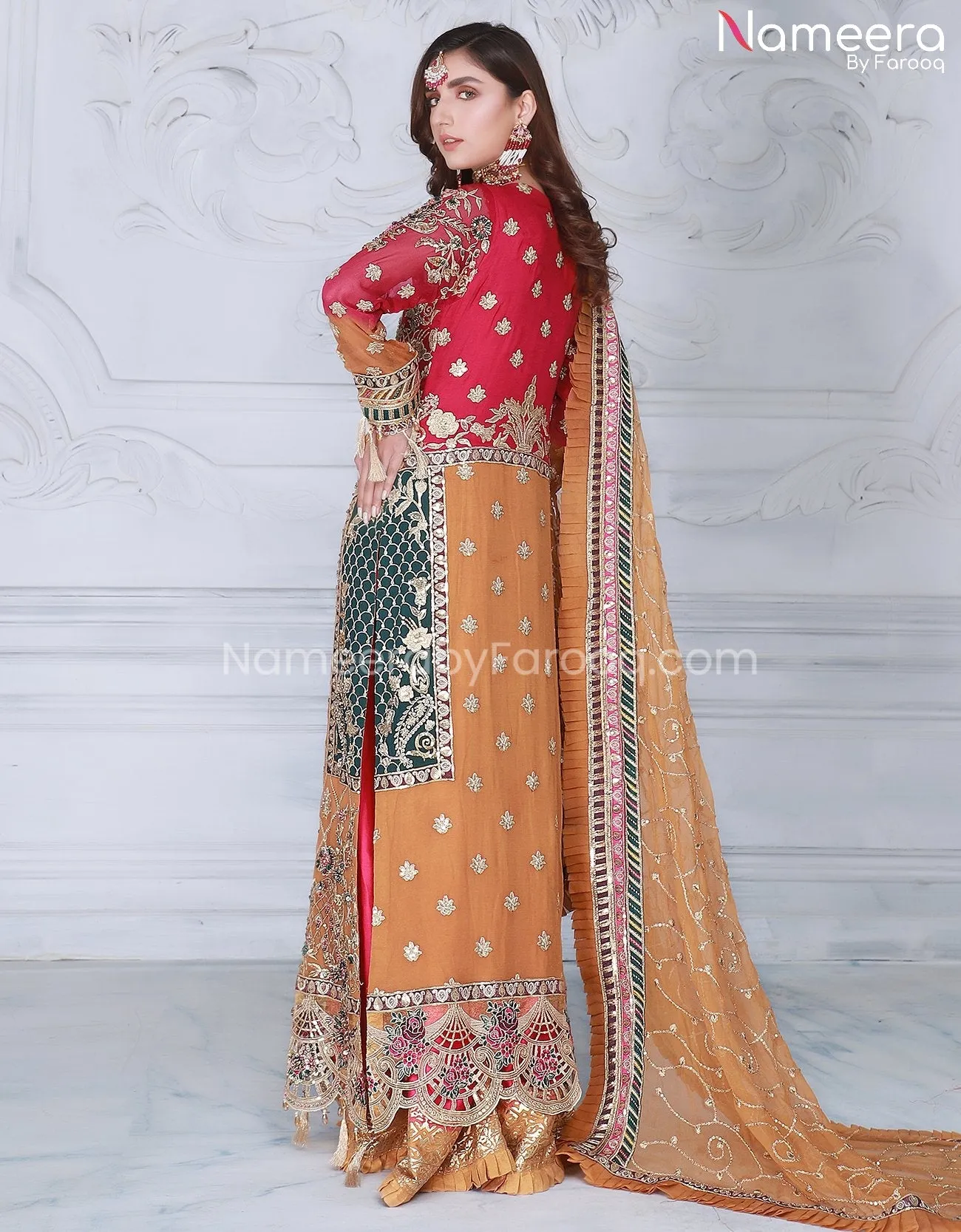 Long Embroidered Kameez with Sharara in Chiffon #PS211