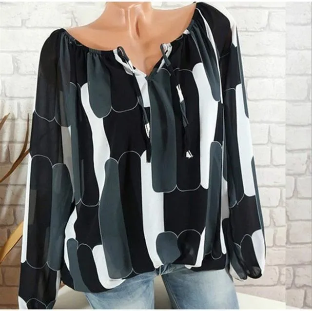 Long Sleeve Geometric Print Blouse