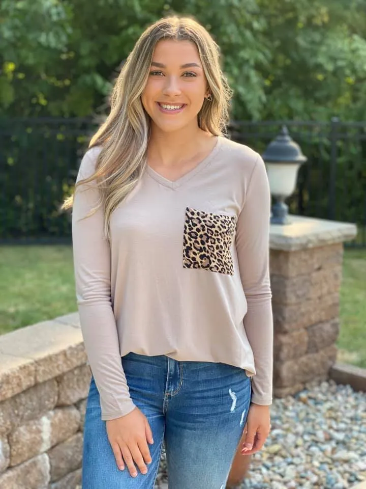Long Sleeve Leopard Pocket V-Neck - Mocha