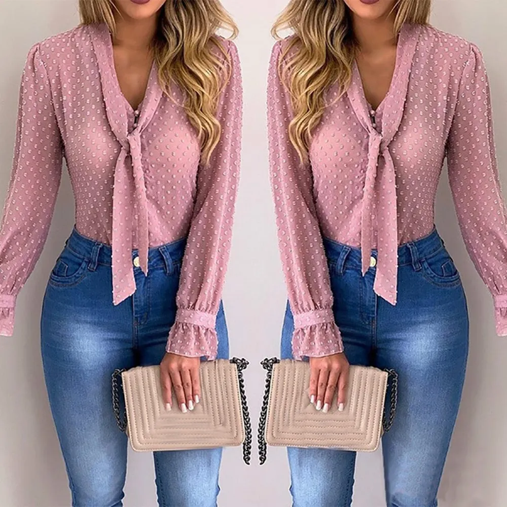 Long Sleeve V-Neck Sheer Blouse