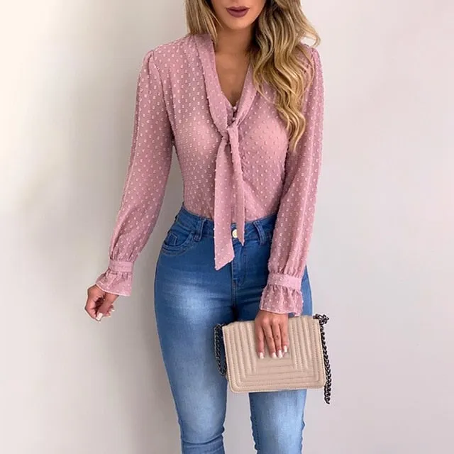 Long Sleeve V-Neck Sheer Blouse