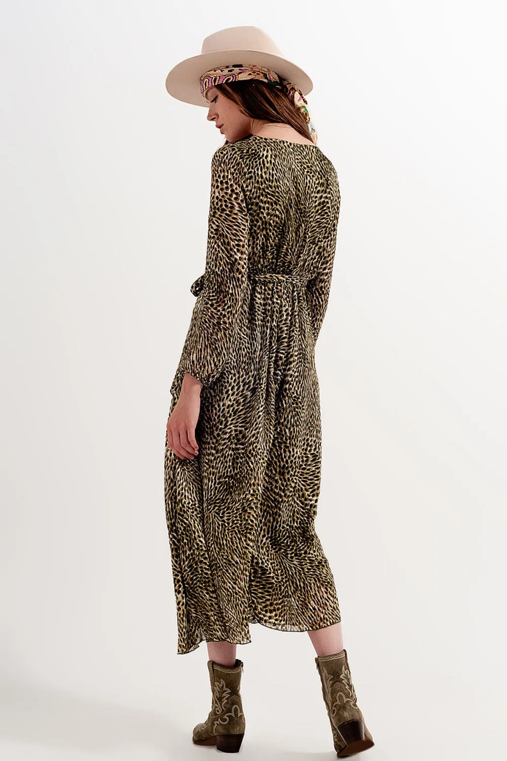 Long Sleeve Wrap Front Chiffon Dress With Belt