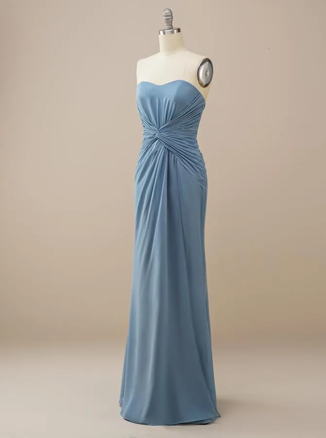 Long Strapless Blue Chiffon Bridesmaid Dress BM221