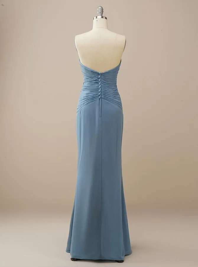 Long Strapless Blue Chiffon Bridesmaid Dress BM221