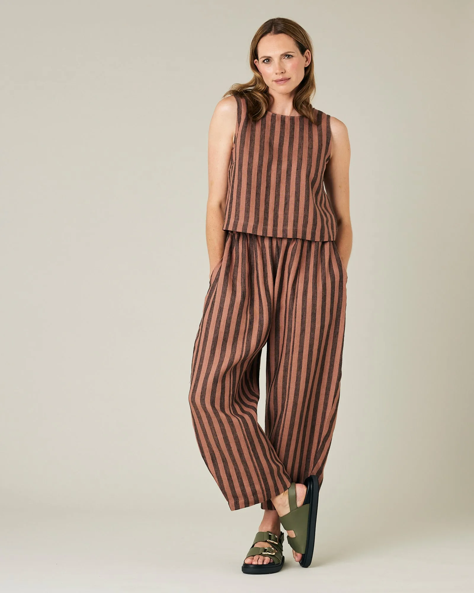 Longer Length Mabel Biscuit Stripe Linen Trousers
