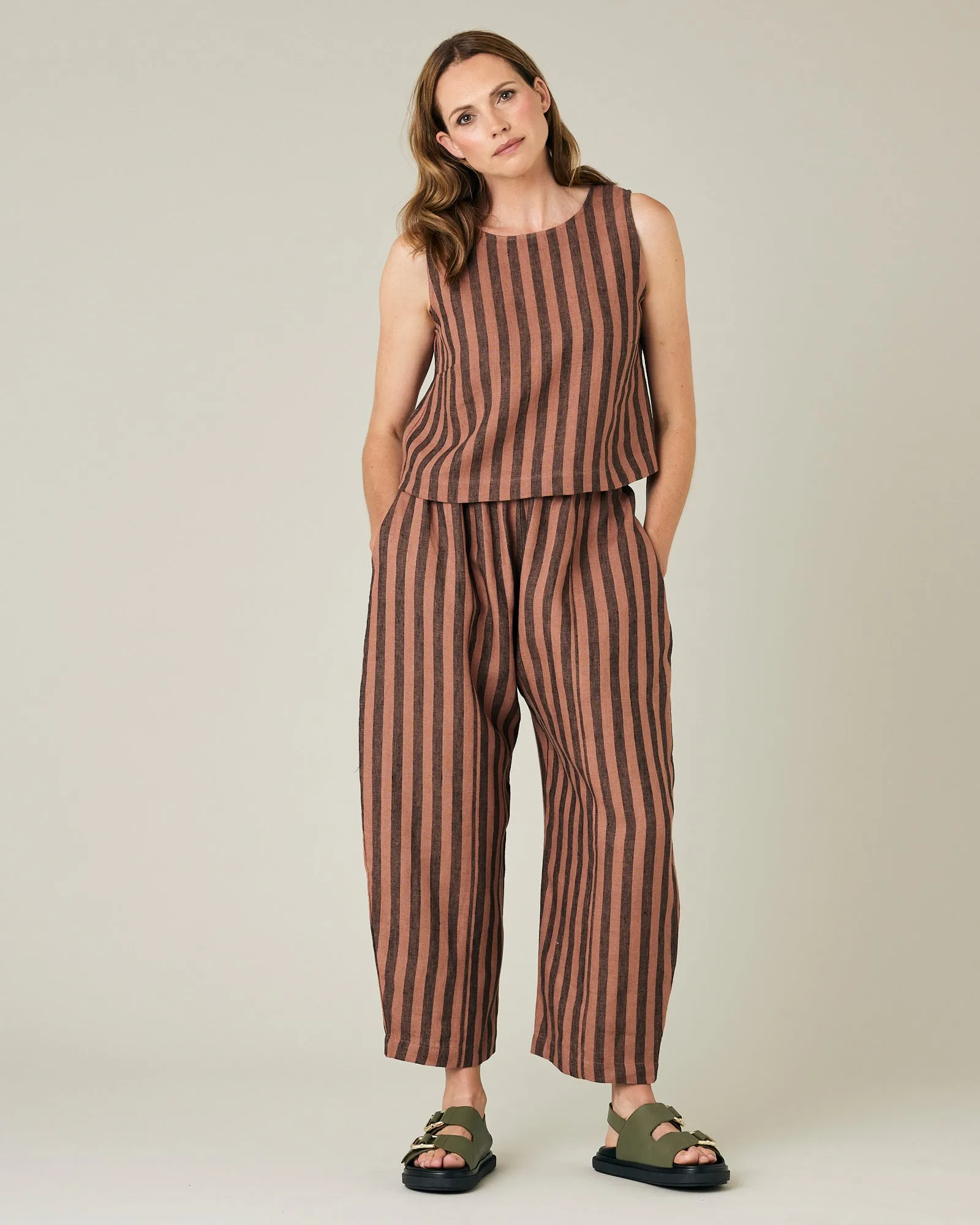 Longer Length Mabel Biscuit Stripe Linen Trousers