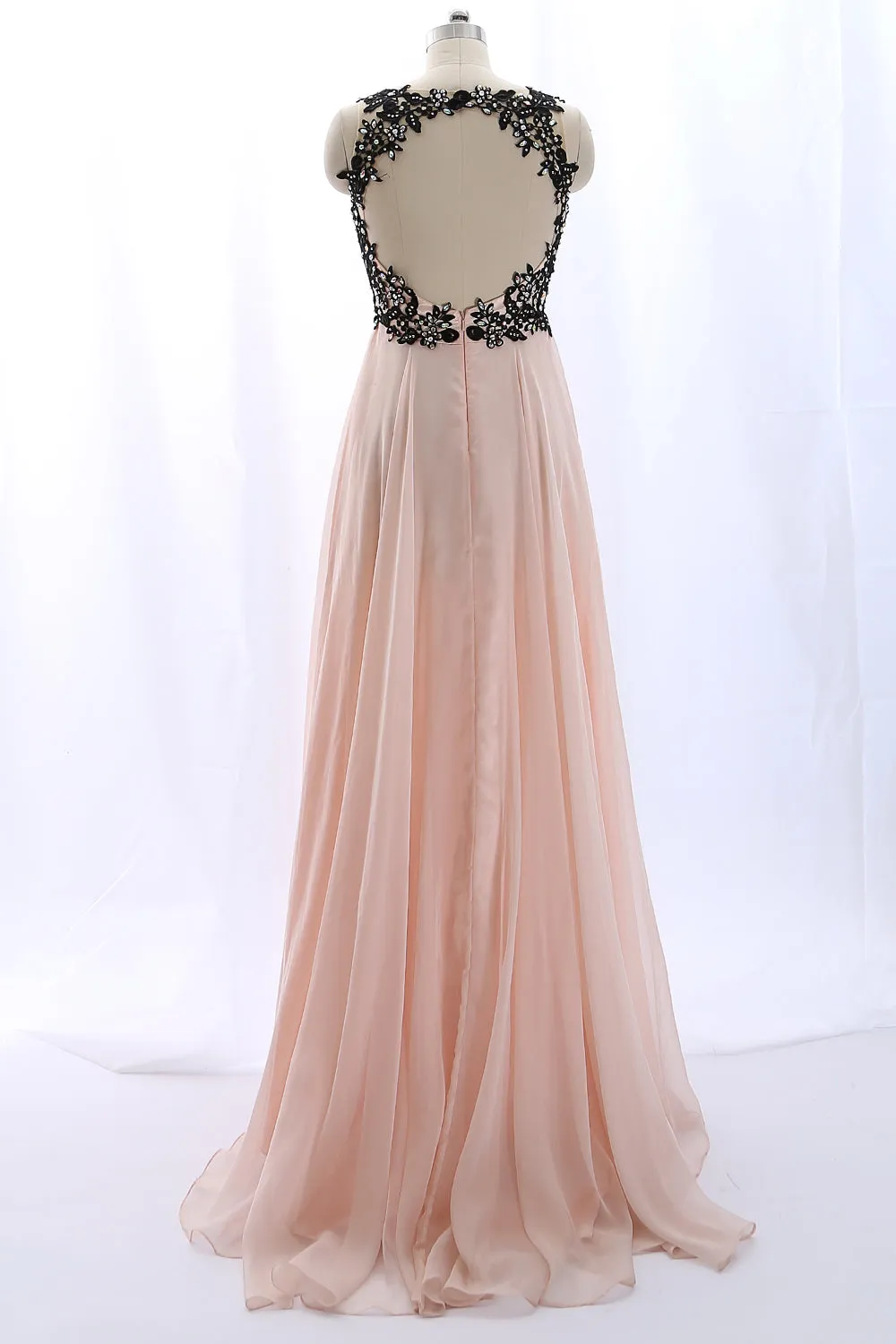 MACloth Lace Chiffon Pearl Pink Long Prom Dress with Open Back