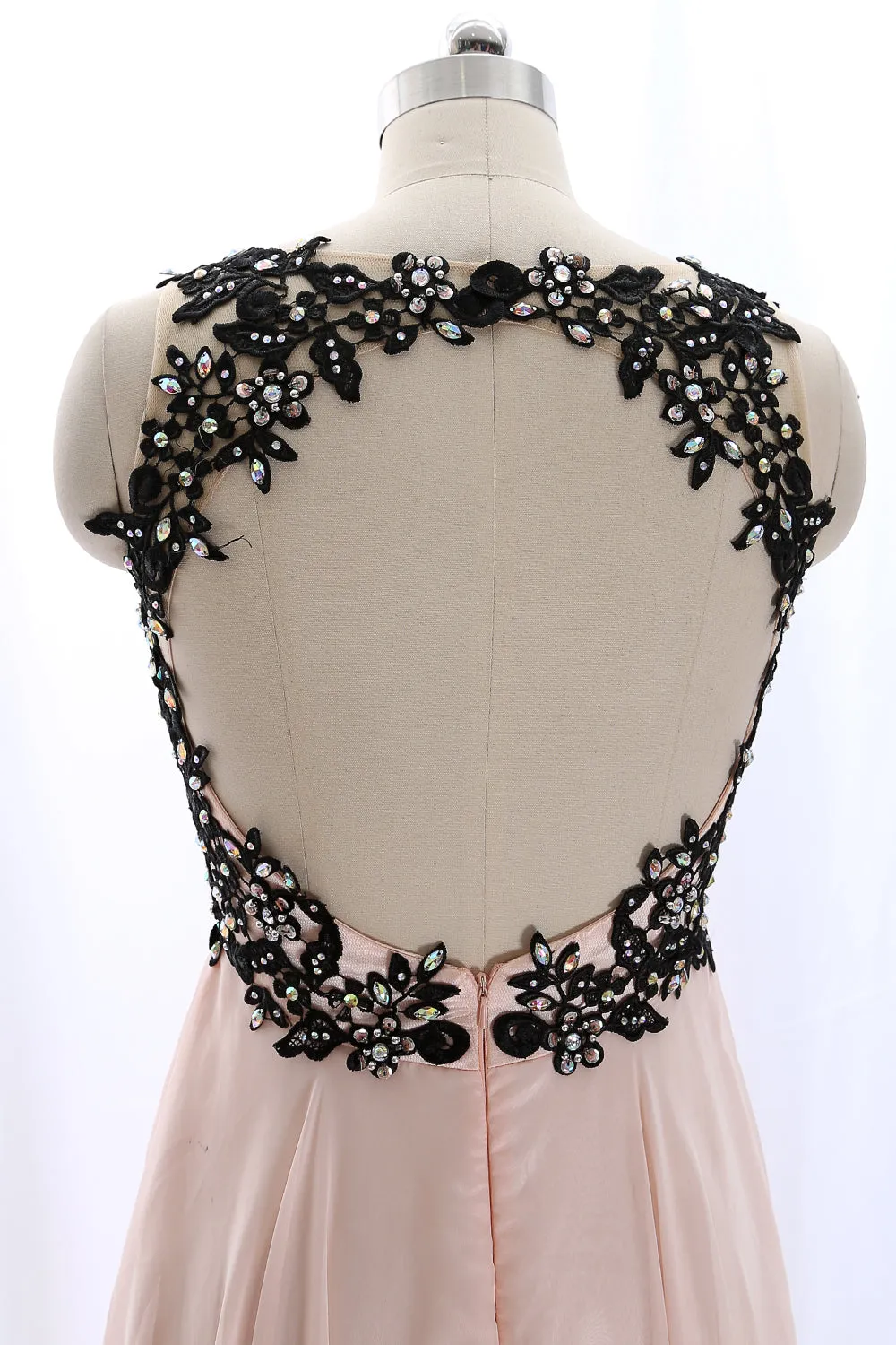 MACloth Lace Chiffon Pearl Pink Long Prom Dress with Open Back