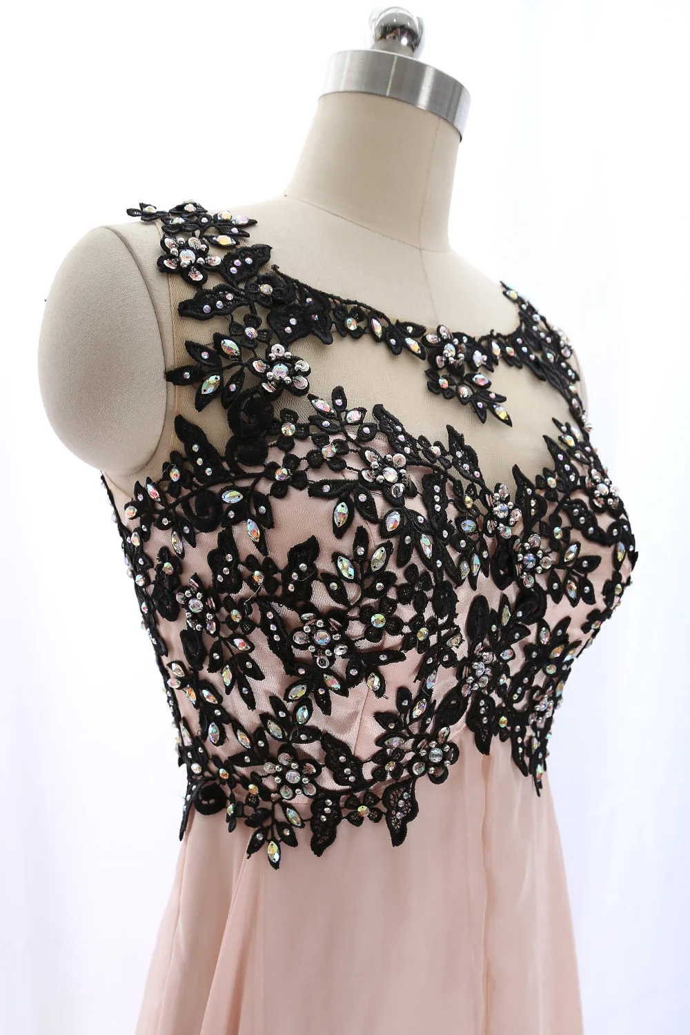 MACloth Lace Chiffon Pearl Pink Long Prom Dress with Open Back