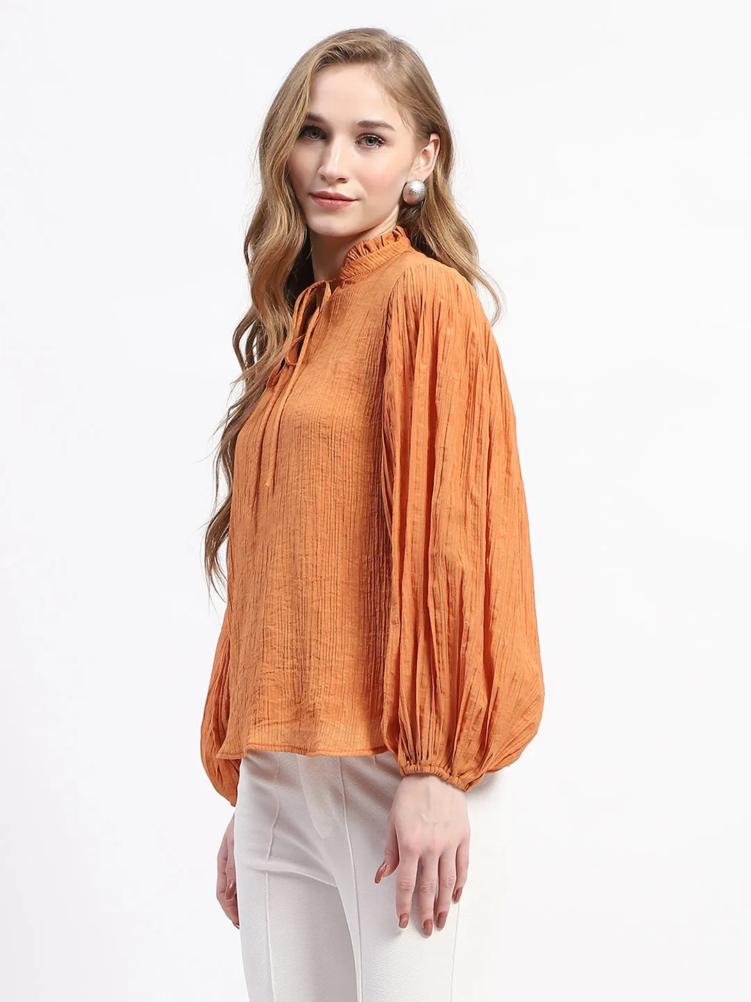 Madame Mock Neck Solid Orange Cotton Blend Top