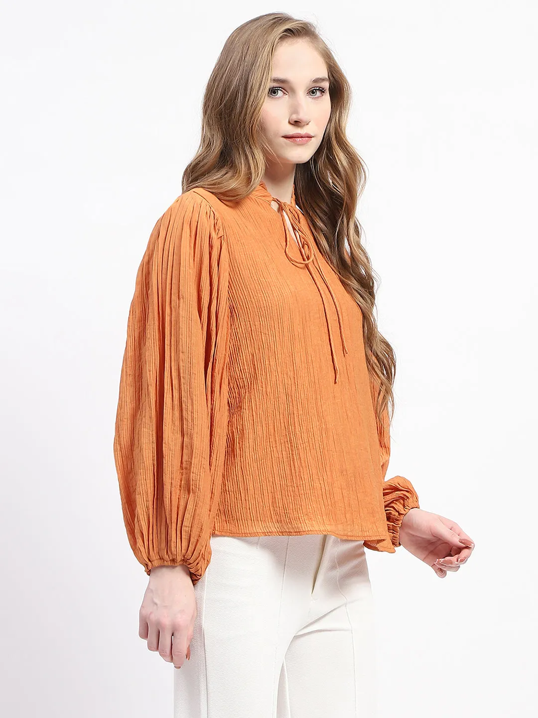 Madame Mock Neck Solid Orange Cotton Blend Top