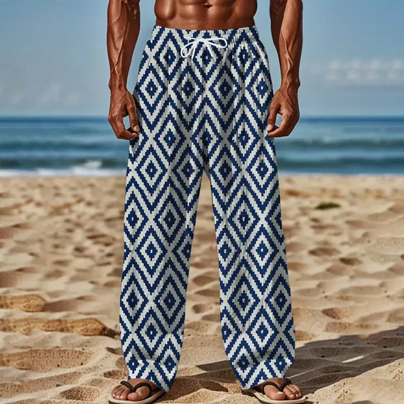 Men's Allover Rhombus Print Pants With Drawstring