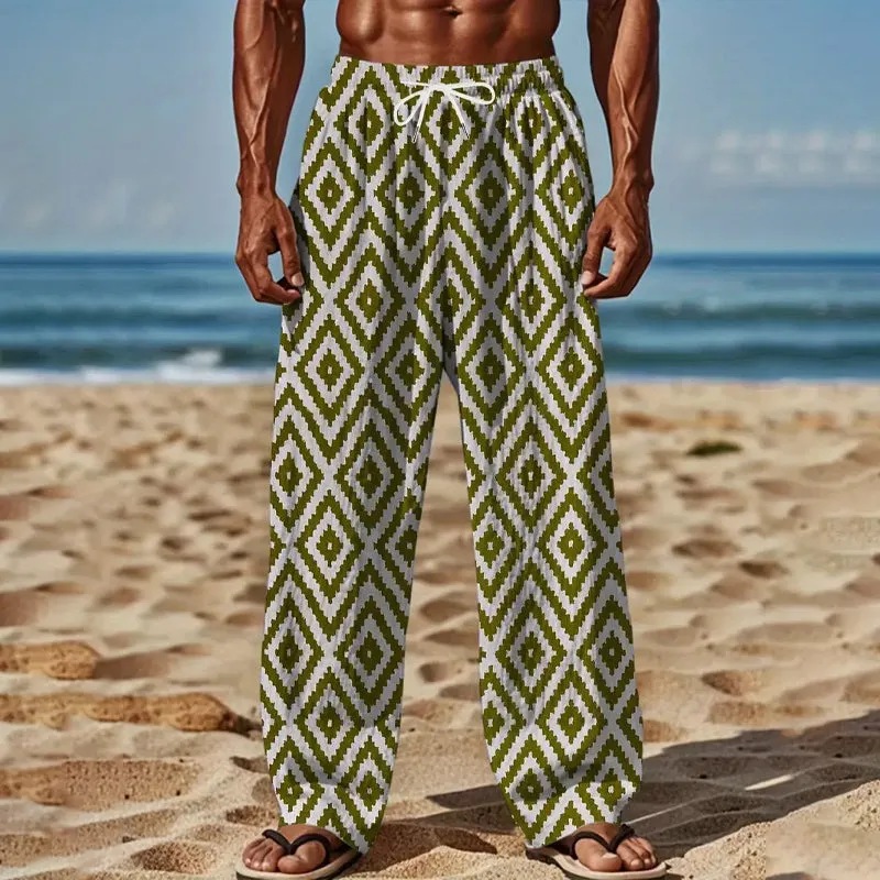 Men's Allover Rhombus Print Pants With Drawstring
