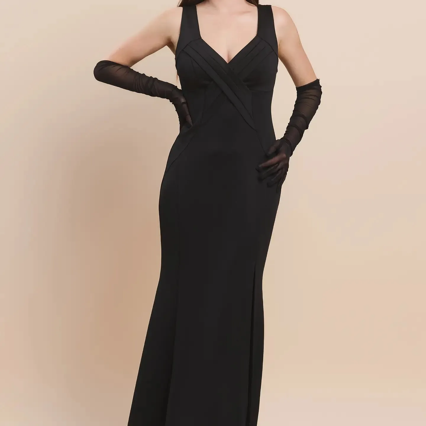 Mermaid Scuba Black Gown  w/ Pleated Bust