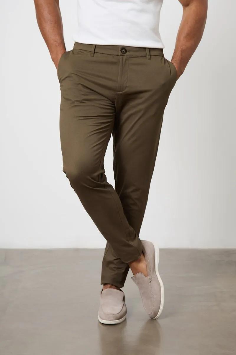 Muscle Fit Cotton Stretch Chino Trousers in Khaki