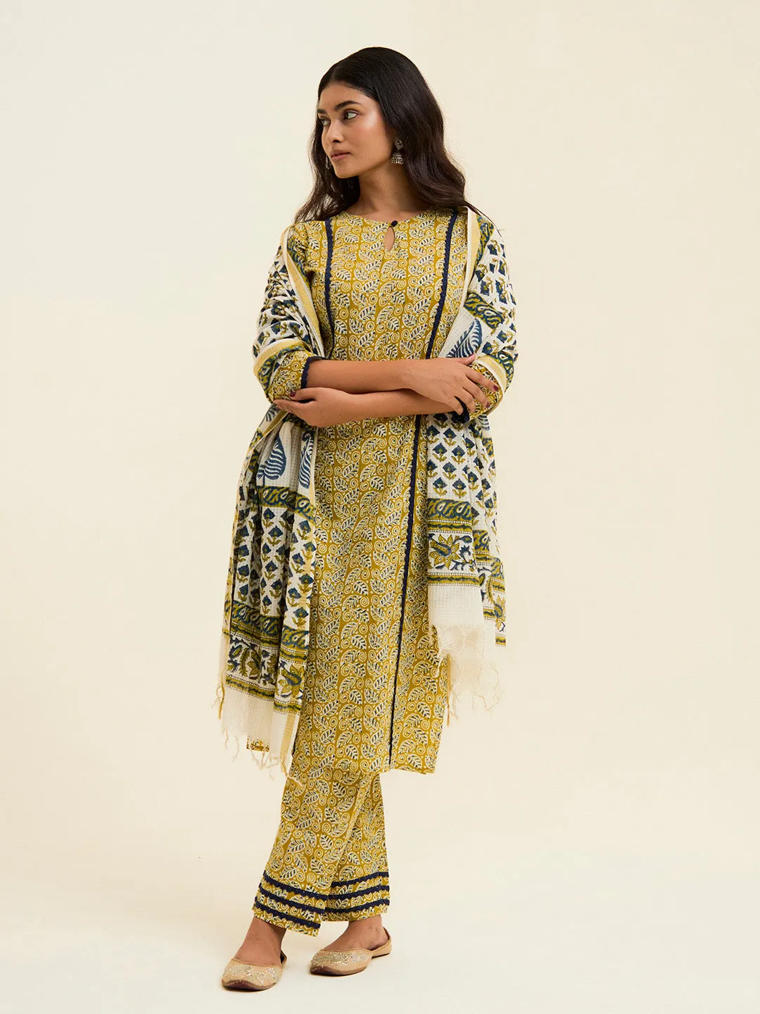 Mustard Handblock Printed Cotton Suit Set