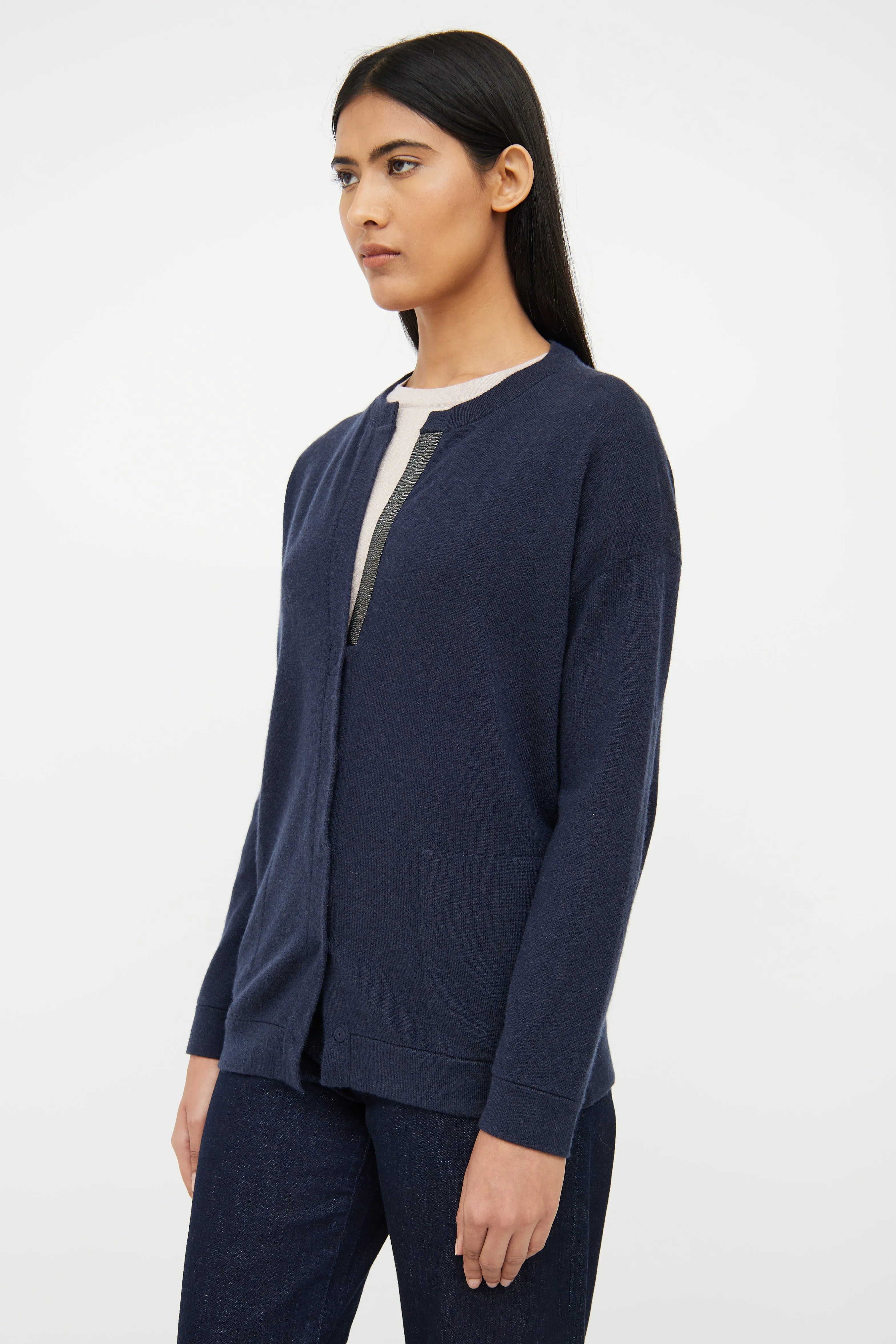 Navy Cashmere & Silver Bead Cardigan
