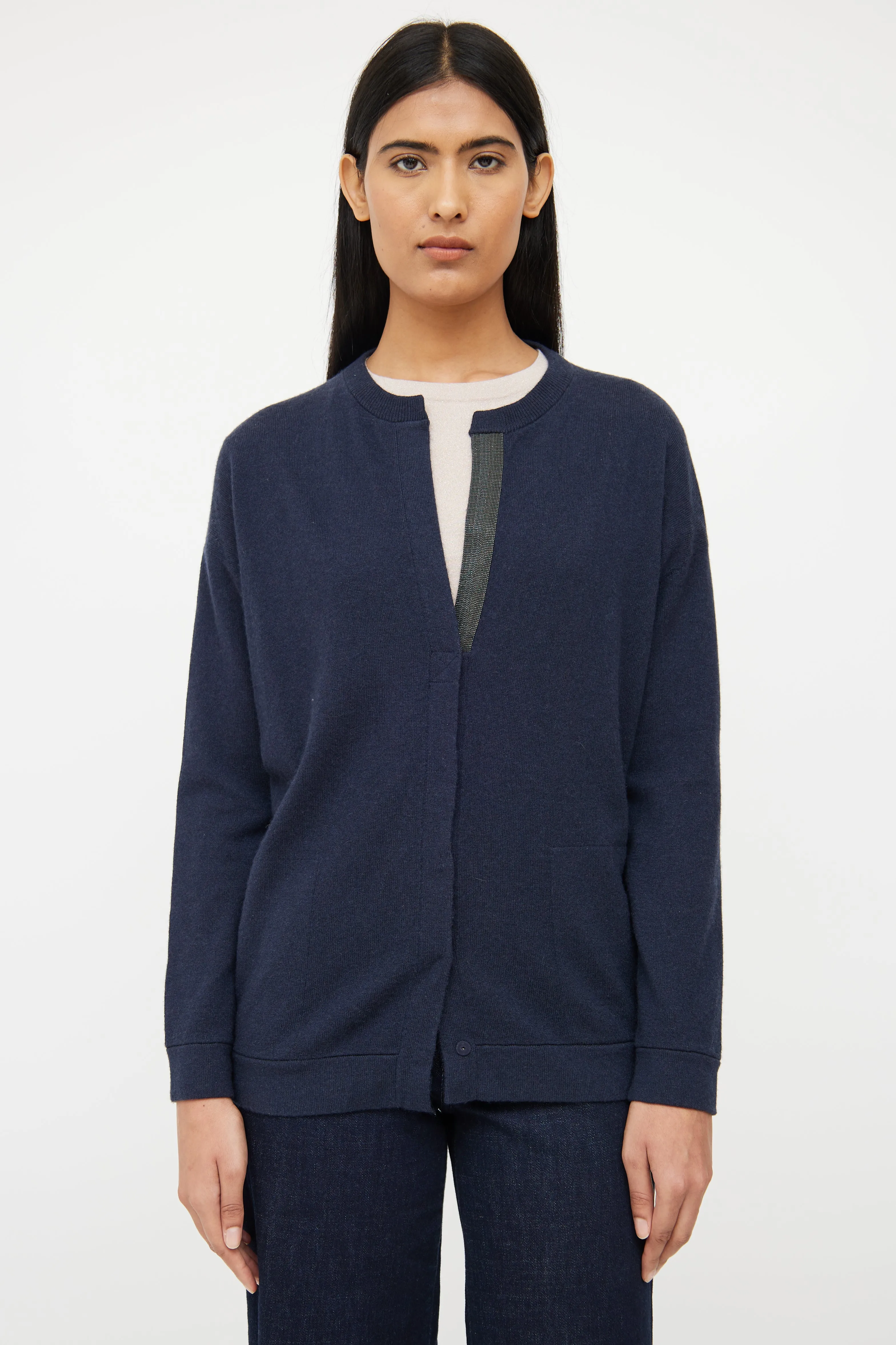Navy Cashmere & Silver Bead Cardigan
