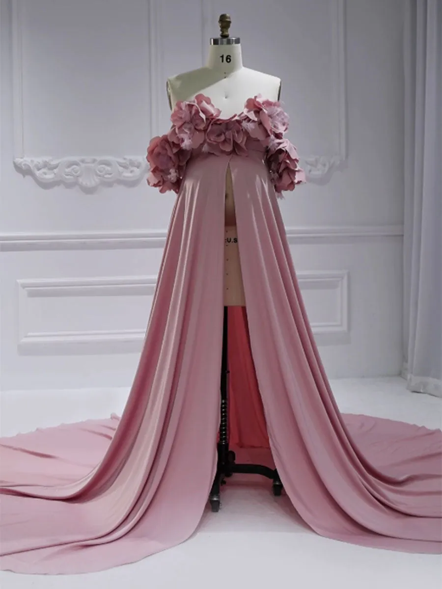 Off Shoulder Handmade Flower Maternity Dress for Photo Shoot Maternity Gown for Baby Shower