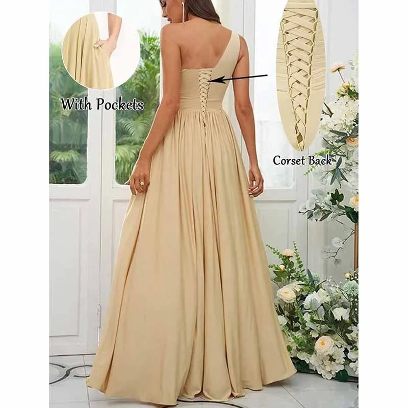 One Shoulder Chiffon Bridesmaid Dresses Long Sleeveless Formal Dress