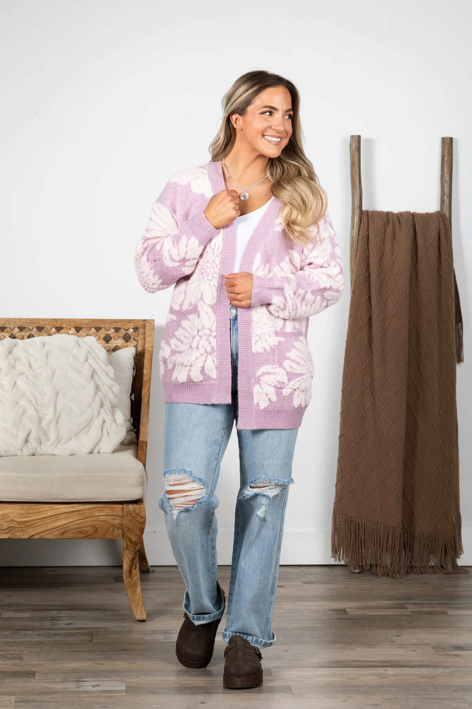 Orchid Flower Pattern Cardigan With Pockets