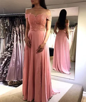Pink chiffon lace long prom dress, pink lace evening dress