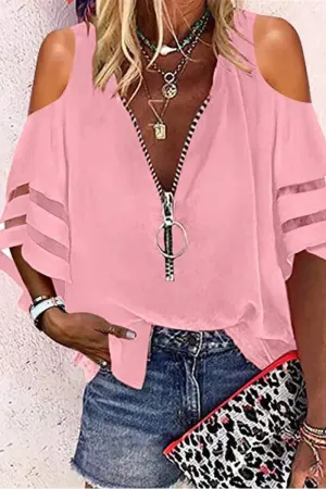 Pink Cold Shoulder Zip Front Chiffon Top 5/15/24 8589