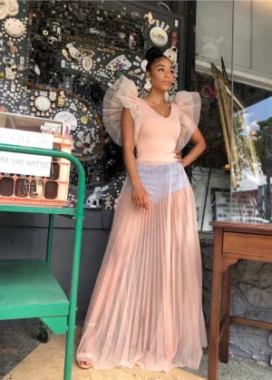Pleated Mesh Maxi Skirt (NUDE)