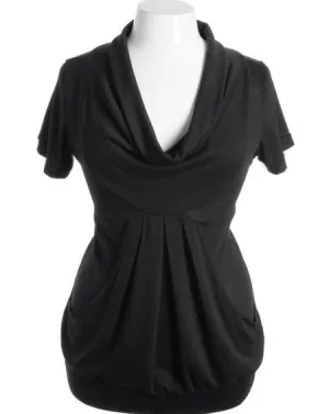 Plus Size Cowl Neck Bubble Pleat Black Top