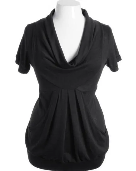 Plus Size Cowl Neck Bubble Pleat Black Top