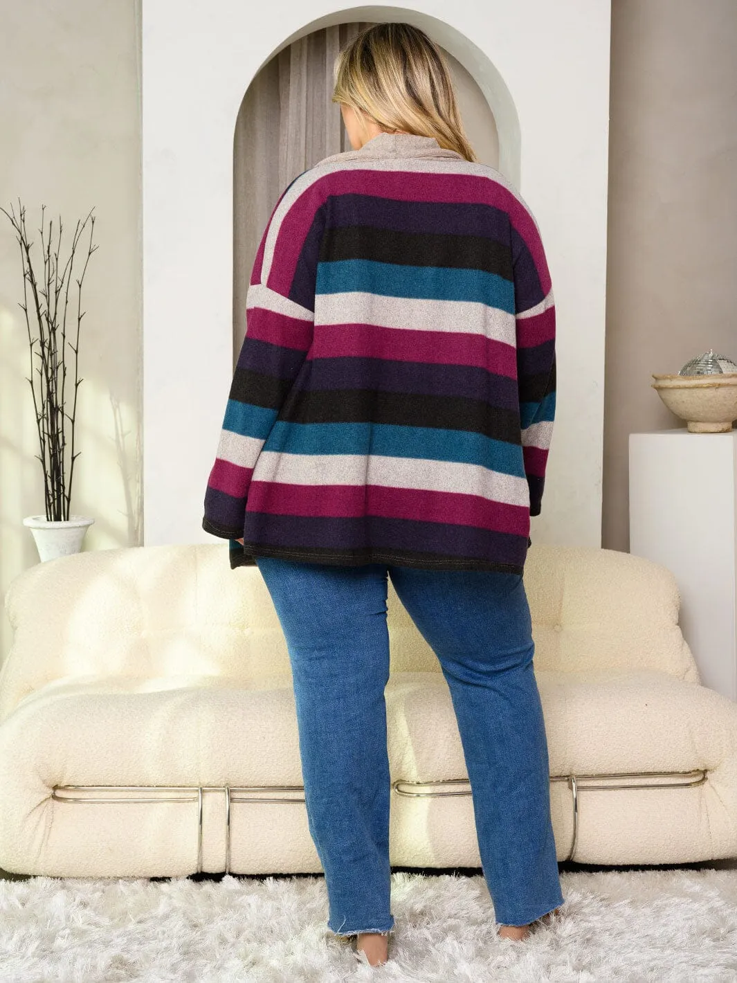 PLUS SIZE LONG SLEEVE COLORBLOCK STRIPES OPEN FRONT CARDIGAN