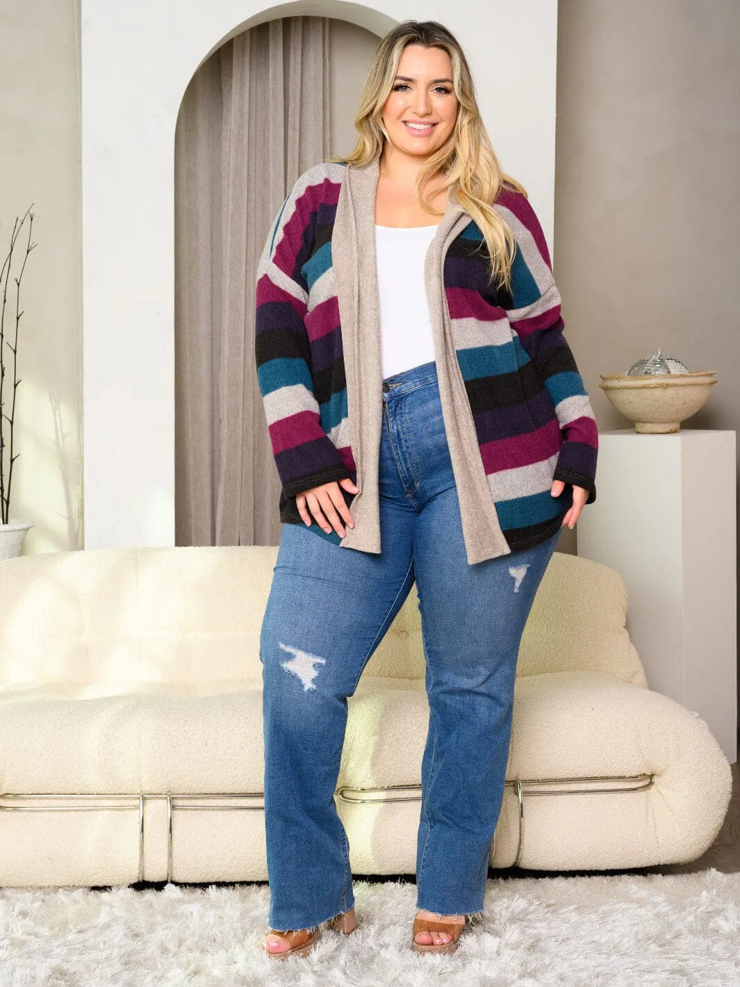 PLUS SIZE LONG SLEEVE COLORBLOCK STRIPES OPEN FRONT CARDIGAN