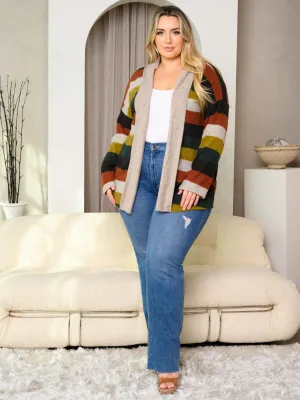 PLUS SIZE LONG SLEEVE COLORBLOCK STRIPES OPEN FRONT CARDIGAN