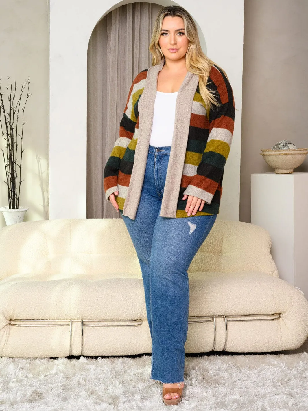 PLUS SIZE LONG SLEEVE COLORBLOCK STRIPES OPEN FRONT CARDIGAN