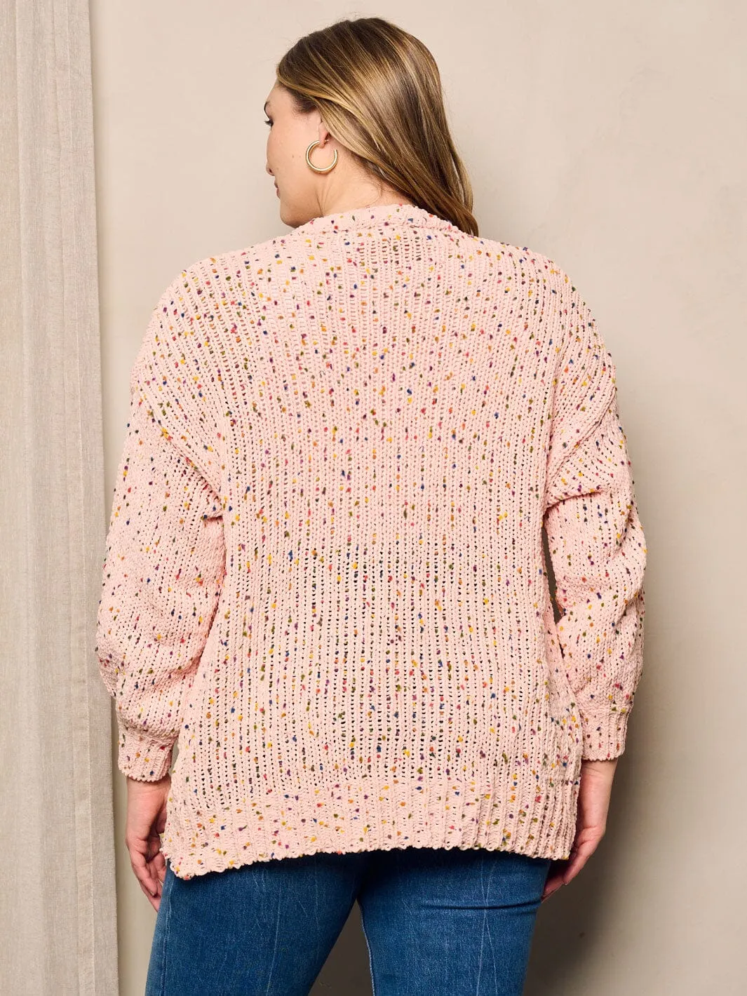 PLUS SIZE LONG SLEEVE OPEN FRONT MULTI DOTS CARDIGAN